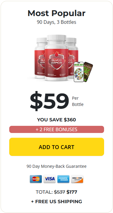"Most Popular" GlucoArmor supplement package containing 3 bottles for a 90-day supply, accompanied by 2 free digital bonuses and free shipping.