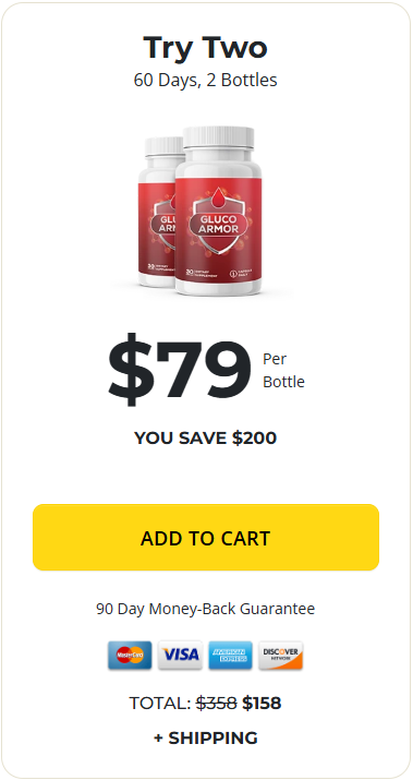"Try Two" starter pack of GlucoArmor supplement with 2 bottles for a 60-day supply, focused on natural blood sugar balance.