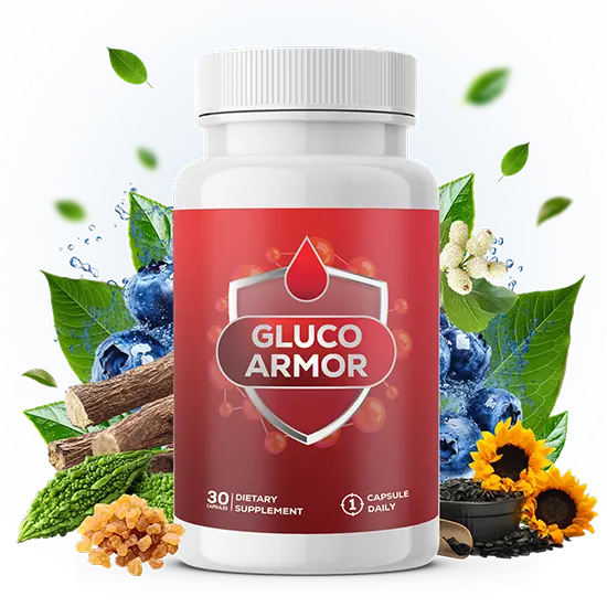 GlucoArmor bottle surrounded by natural ingredients like bitter melon, cinnamon, blueberries, and sunflowers, highlighting the pure formula for blood sugar control.