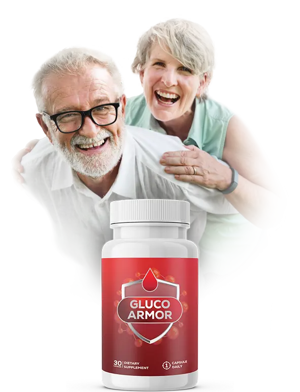 GlucoArmor supplement bottle for blood sugar balance support, with a smiling elderly couple in the background representing health and vitality.